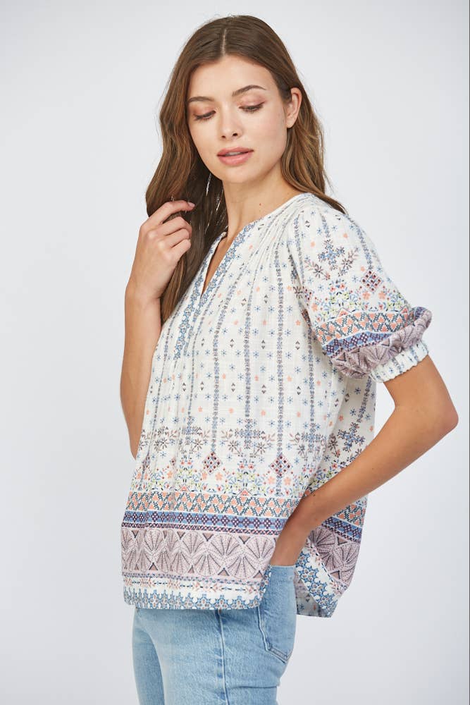 PLEAT DETAIL COTTON GAUZE SPLIT NECK TOP