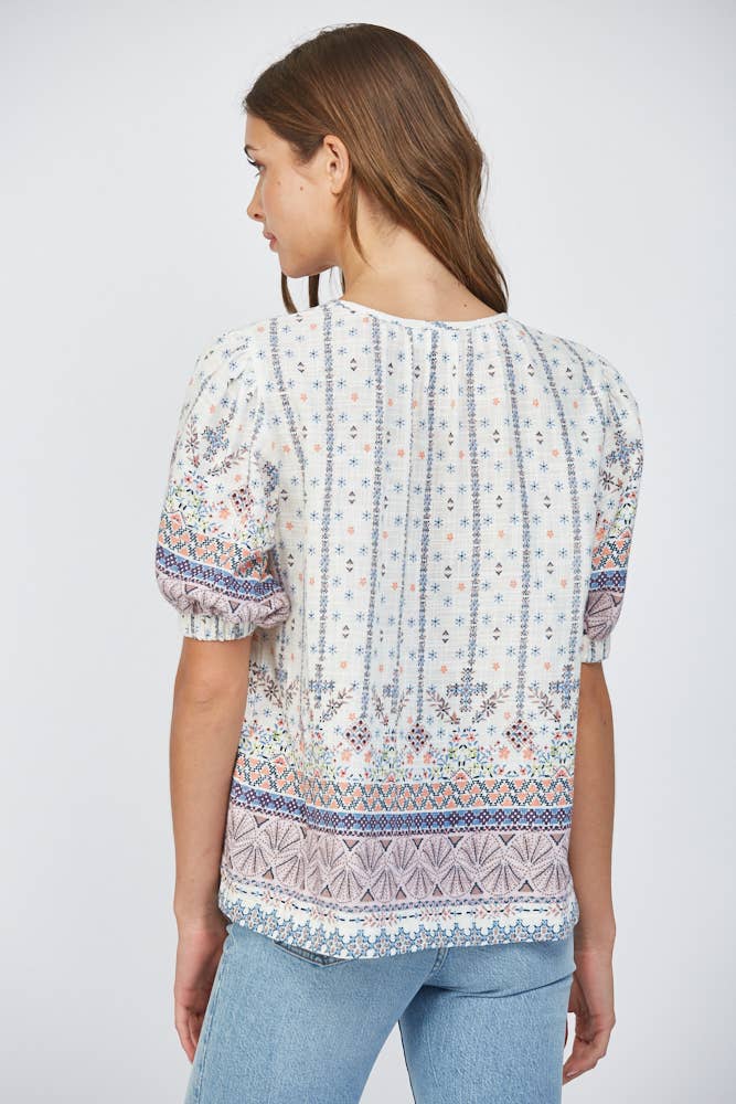 PLEAT DETAIL COTTON GAUZE SPLIT NECK TOP