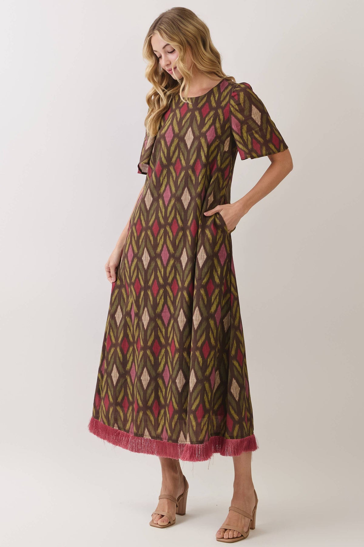 Geometric Print Fringe Hem Maxi Dress