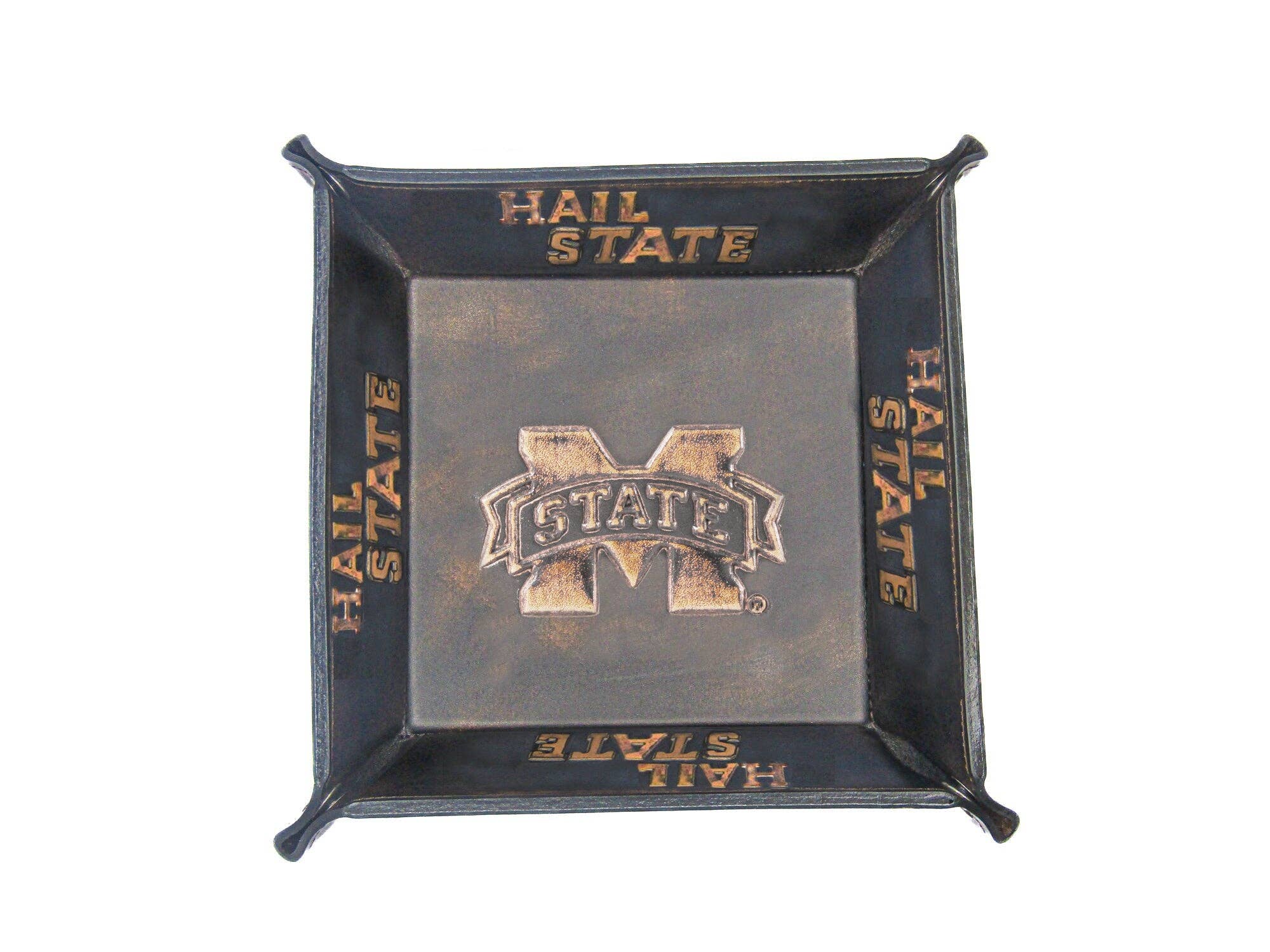 Mississippi State Bulldogs Men's Collegiate Valet Tray, Catch-all, Desk Organizer, Nightstand Tray. Burnished Full Grain Leather Finish.