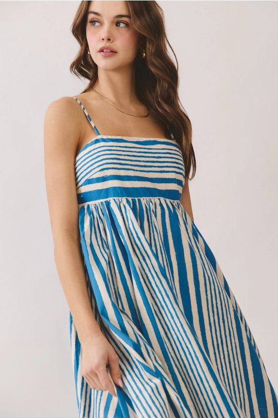 Blue Stripe Smocked Back Midi Dress