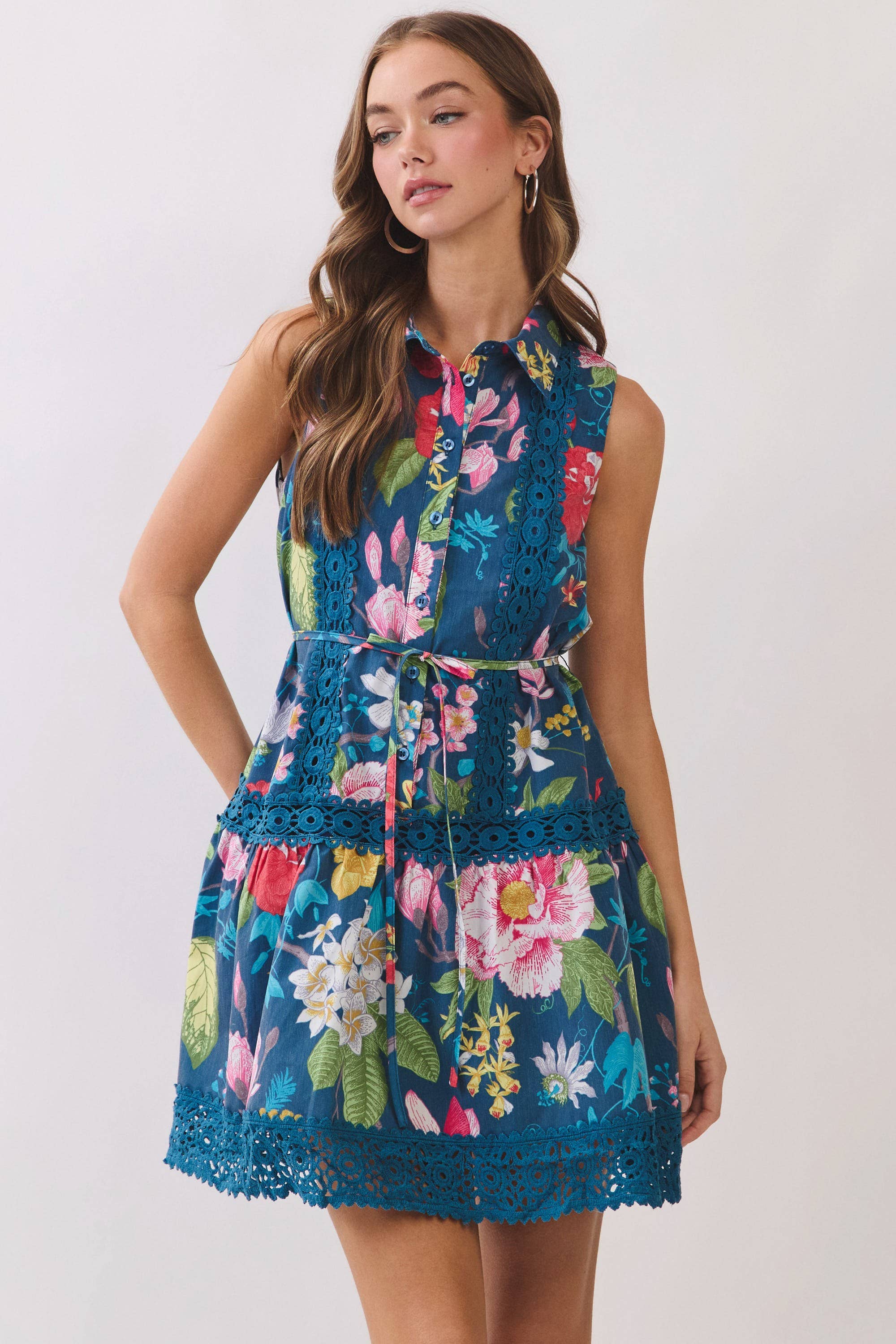 Floral Botanical Print Crochet Trim Mini Dress