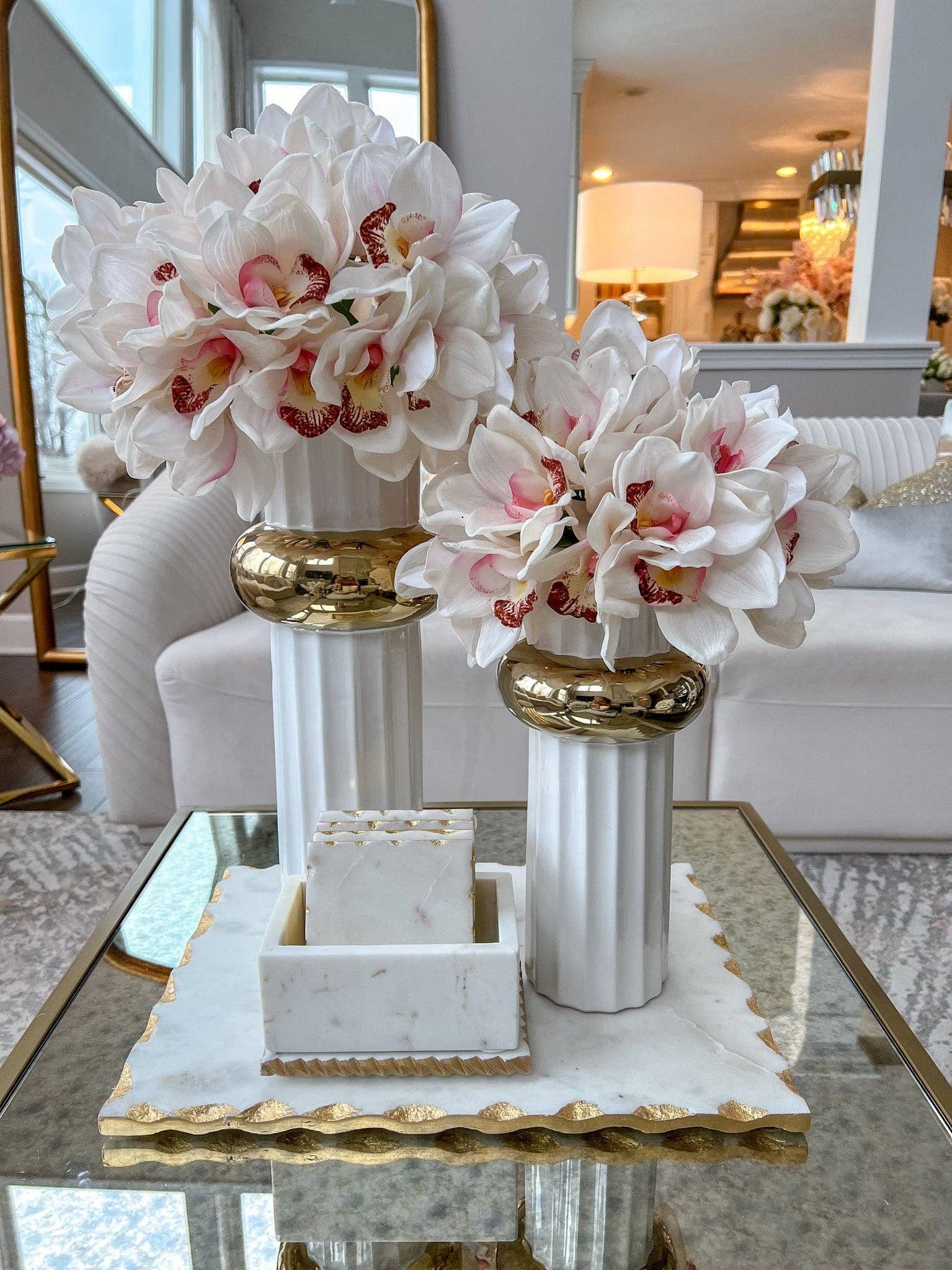 White Marble Decorative Box W/ Cover Gold Dimensional Border