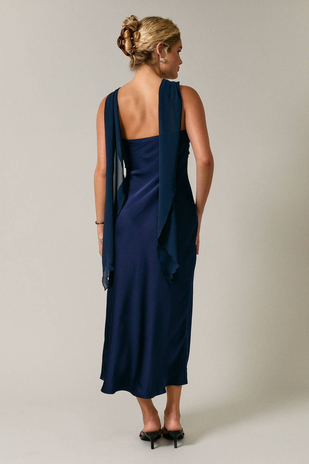 STRAPLESS CONTRAST SCARF DETAIL BIAS MIDI DRESS