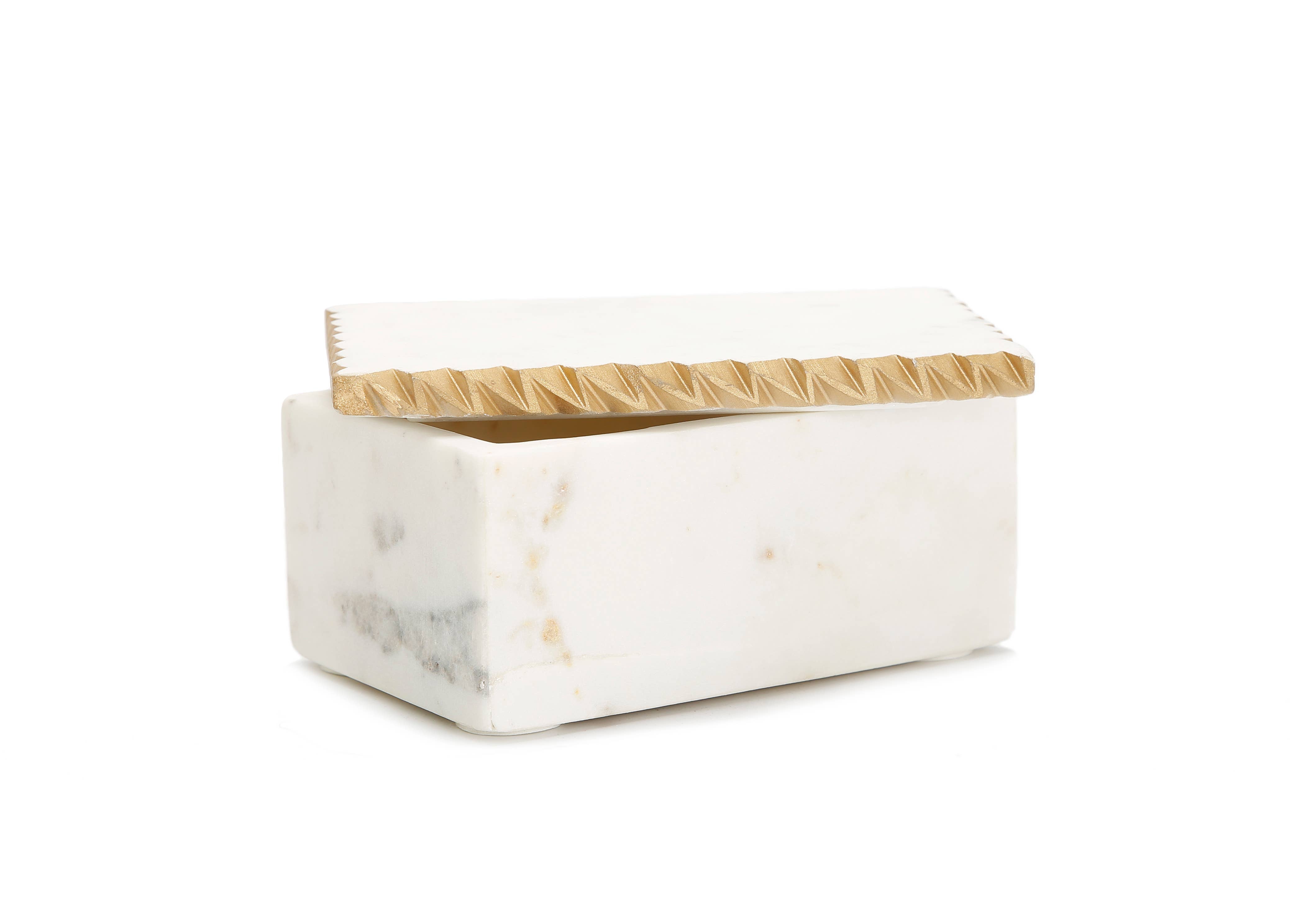 White Marble Decorative Box W/ Cover Gold Dimensional Border