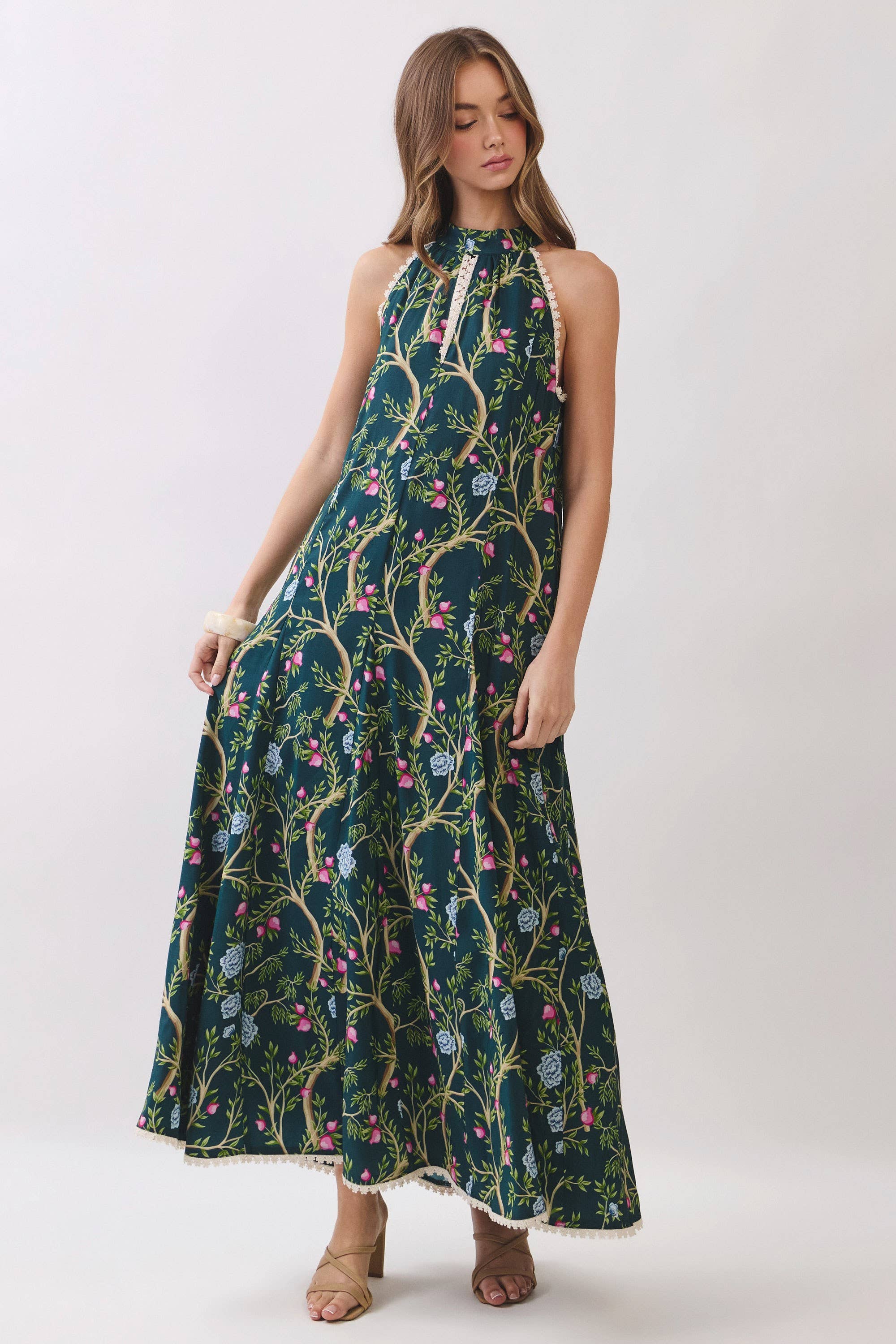 Floral Vine Print Halter Neck Maxi Dress