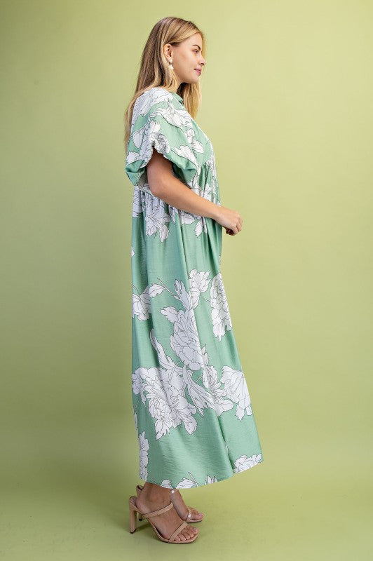 Floral Print Short Puff Sleeve Midi Dress
