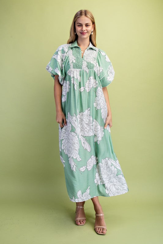 Floral Print Short Puff Sleeve Midi Dress
