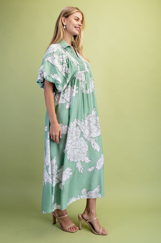 Floral Print Short Puff Sleeve Midi Dress