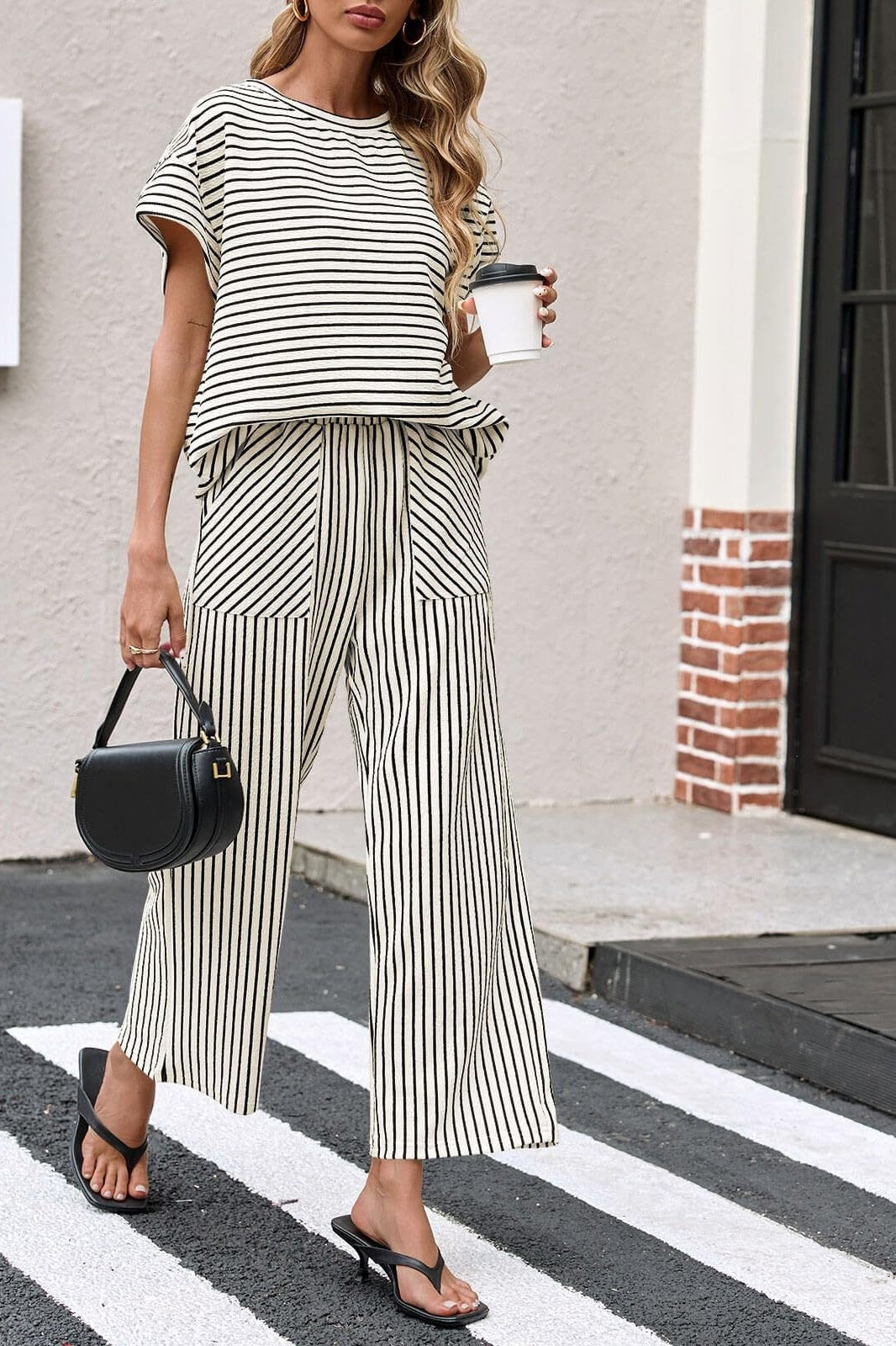 Striped Short Sleeve Top And Wide Leg Pants Set