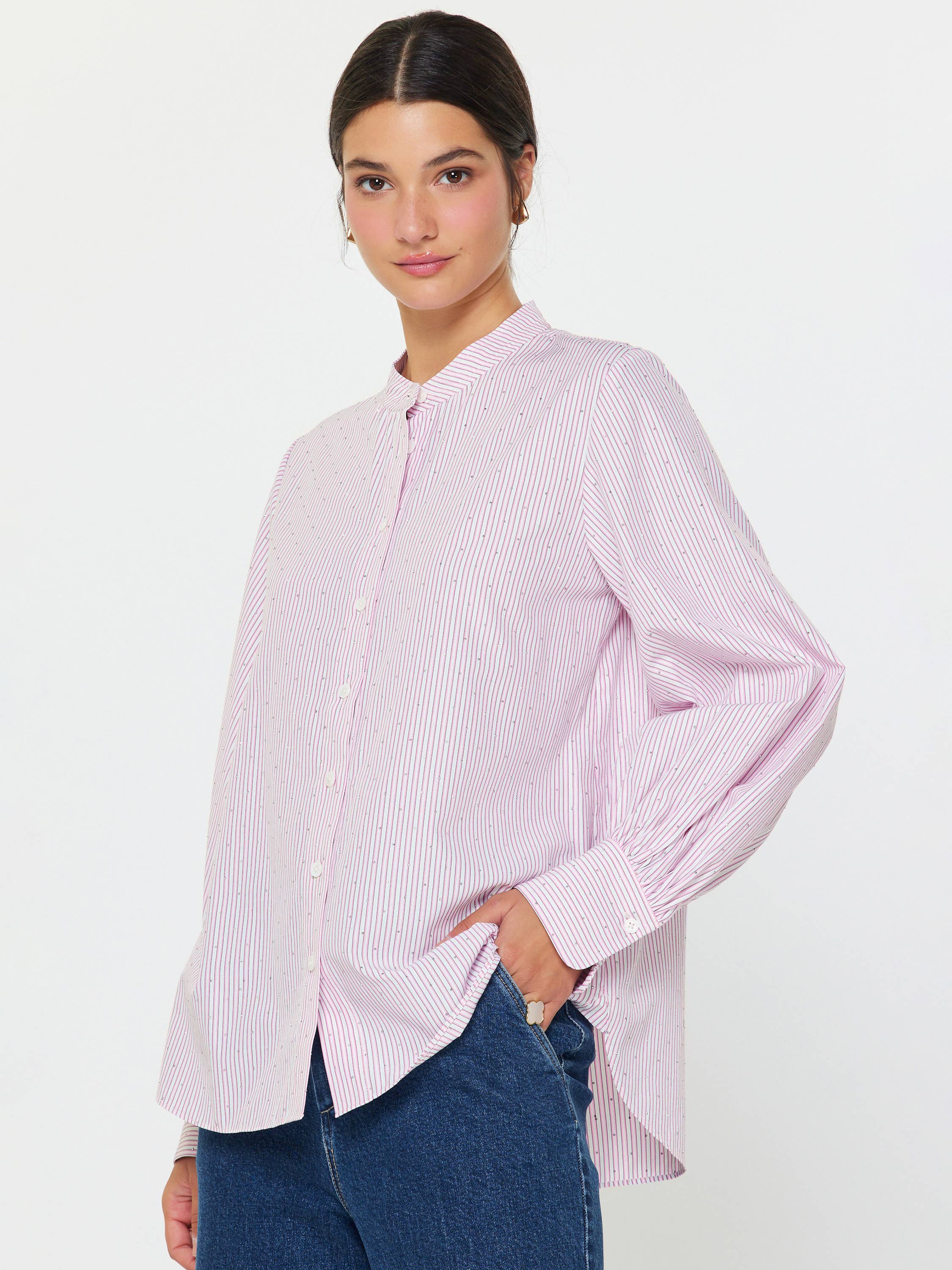 Striped Rhinestone Mandarin Collar Shirt