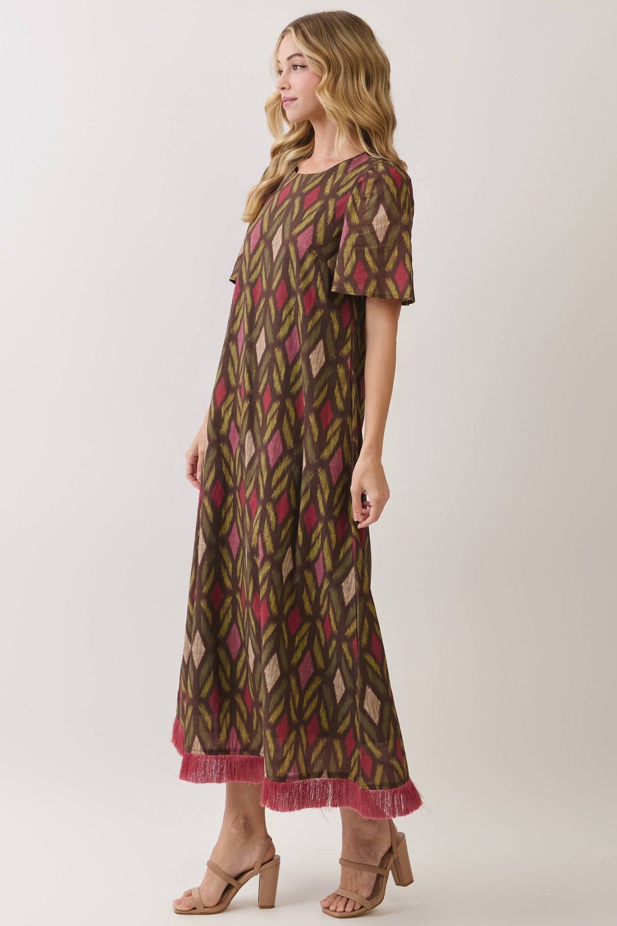 Geometric Print Fringe Hem Maxi Dress