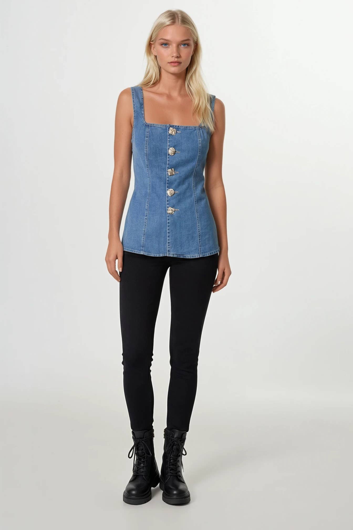 SQUARE NECK DENIM VEST WITH ORNATE GOLD BUTTONS