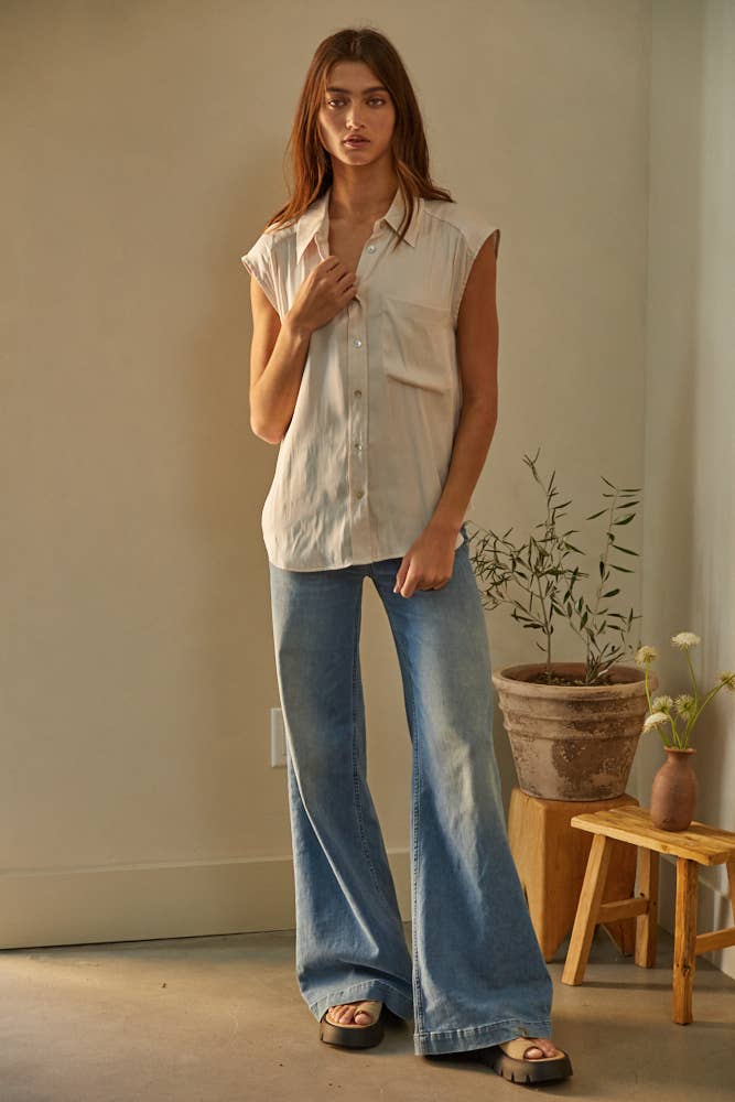 Woven Polyester Satin Sleeveless Button Down Top