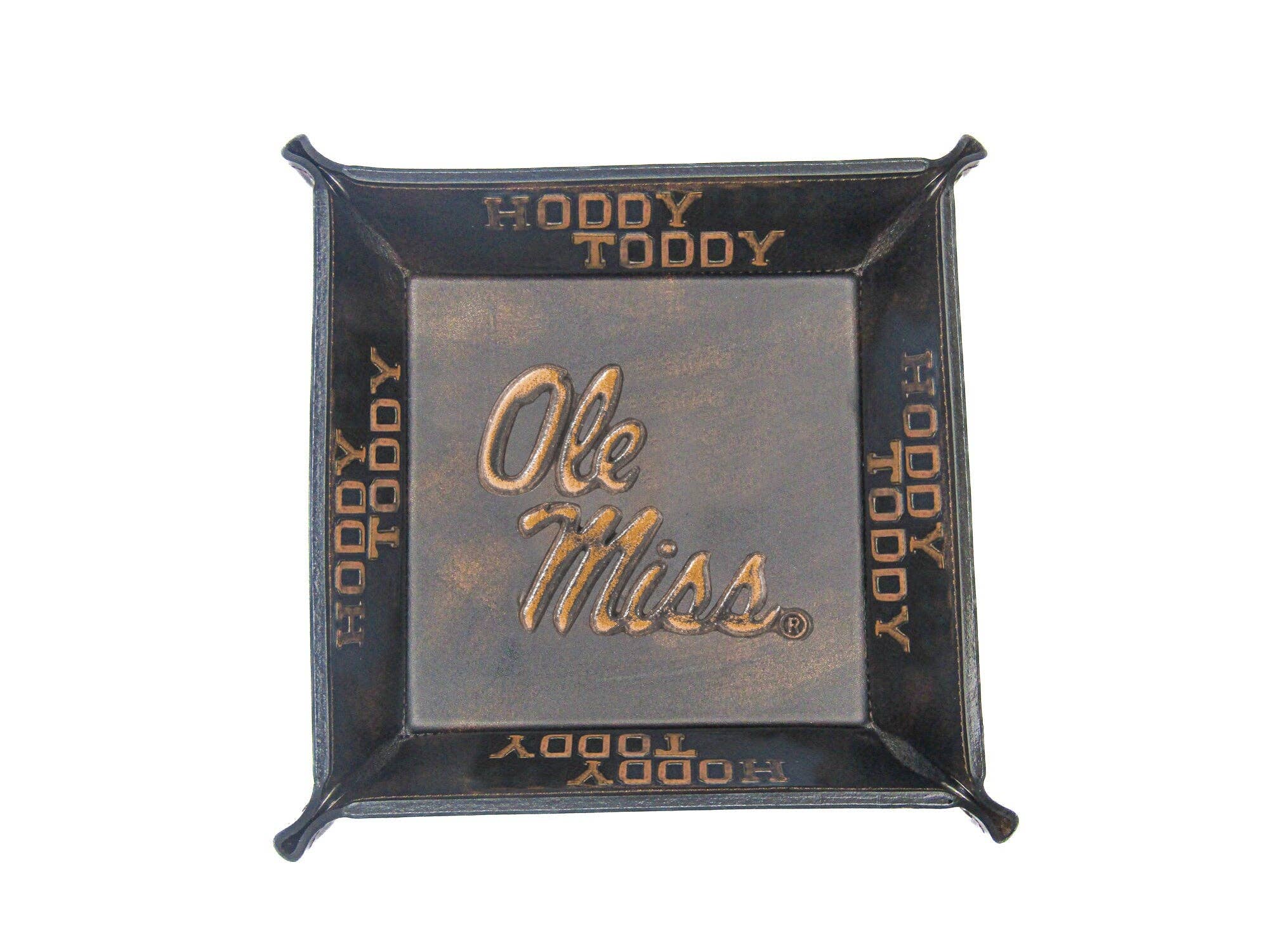 Ole Miss Rebels Men's Collegiate Valet Tray, Catch-all, Desk Organizer, Nightstand Tray. Brown Burnished Full Grain Leather Finish.