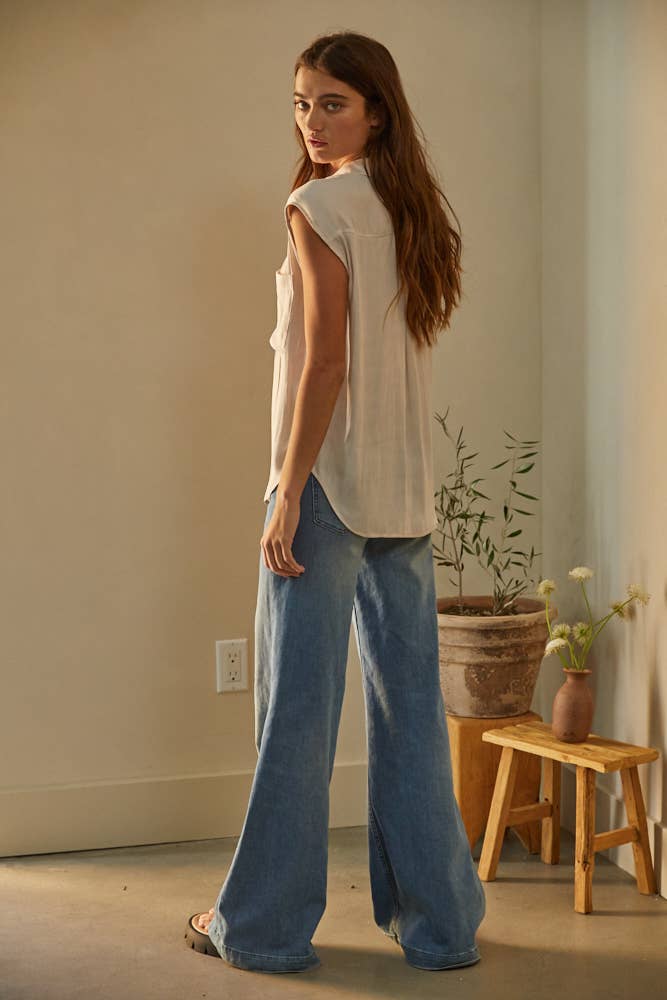 Woven Polyester Satin Sleeveless Button Down Top