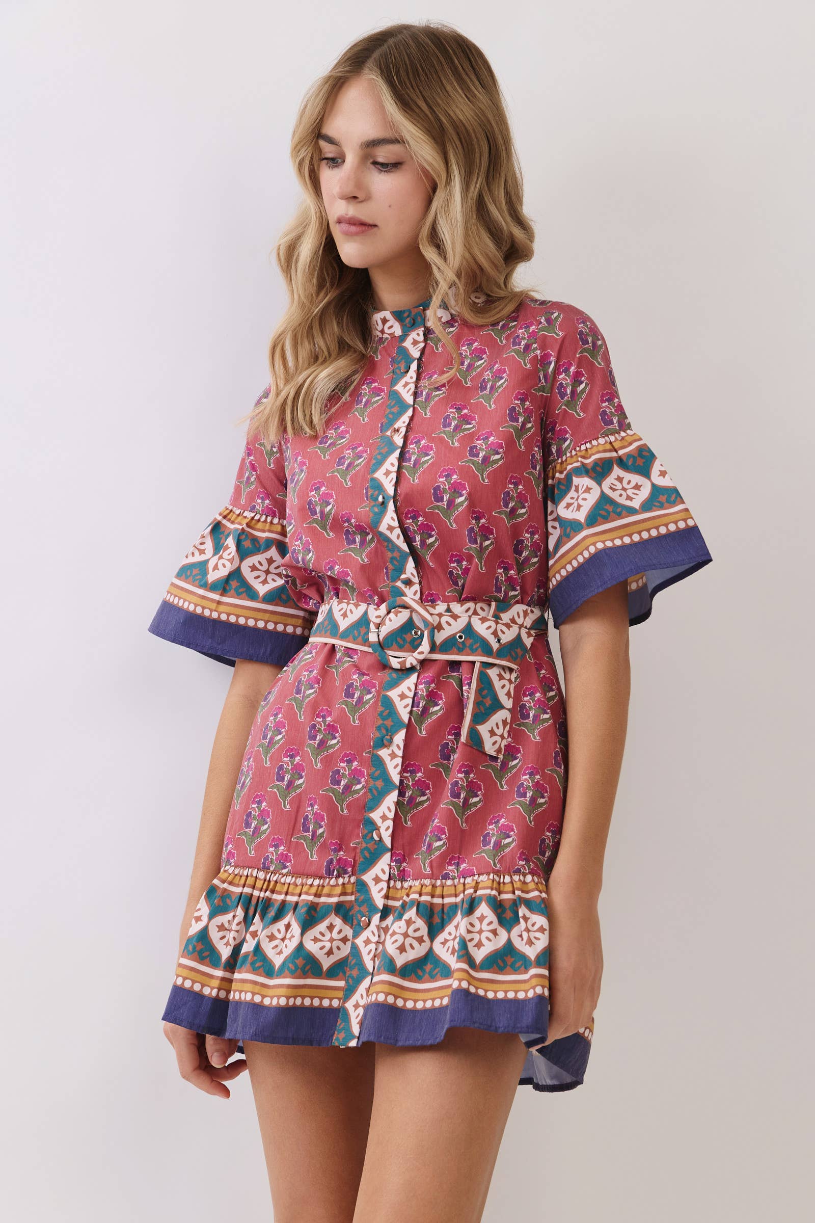Printed Belted Mini Dress with Contrast Border