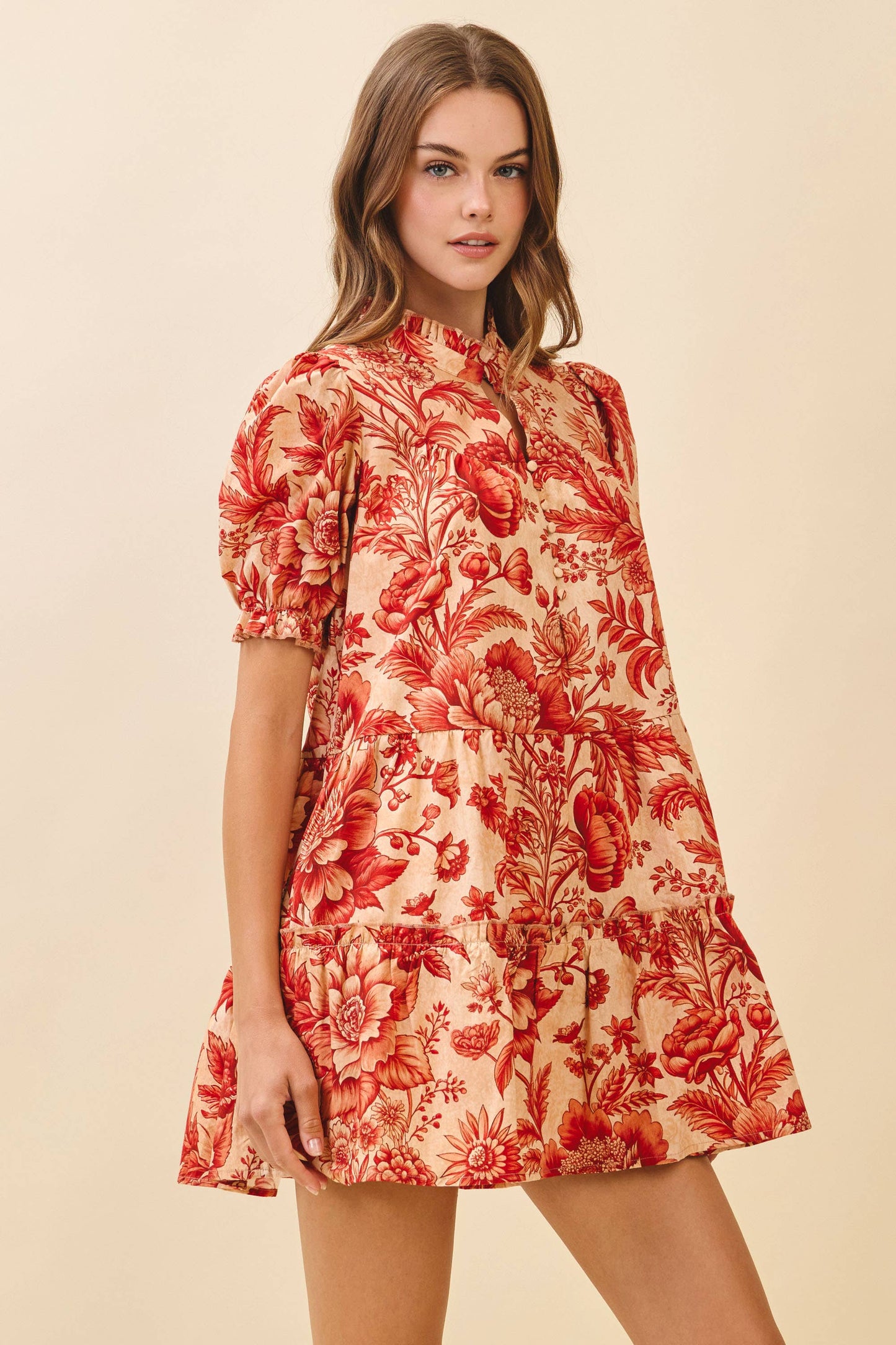 Floral Print Ruffled Mock Neckline Mini Dress