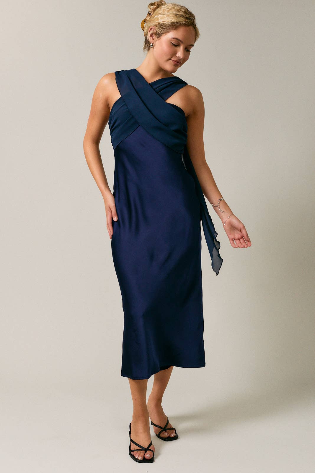 STRAPLESS CONTRAST SCARF DETAIL BIAS MIDI DRESS