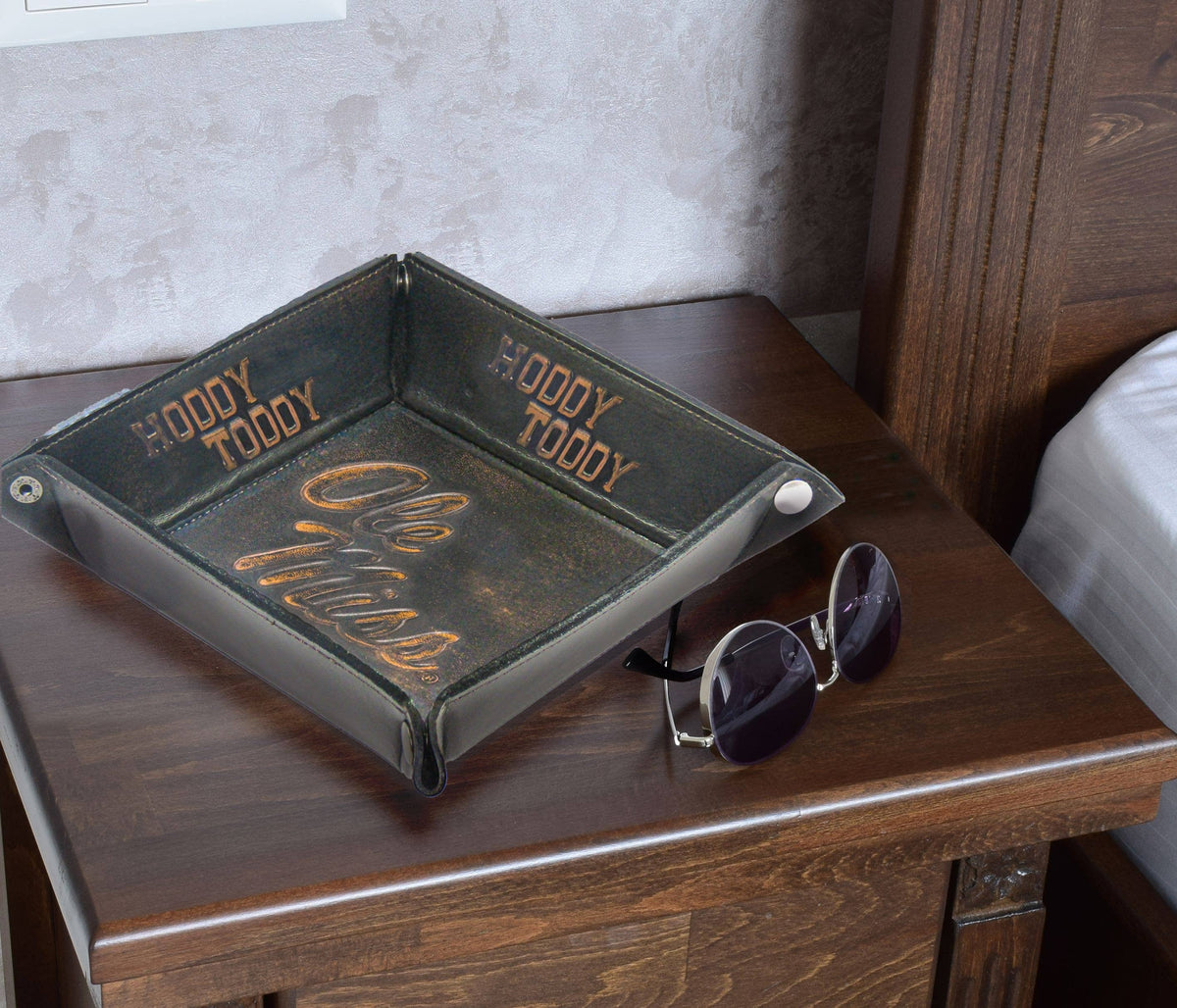 Ole Miss Rebels Men's Collegiate Valet Tray, Catch-all, Desk Organizer, Nightstand Tray. Brown Burnished Full Grain Leather Finish.