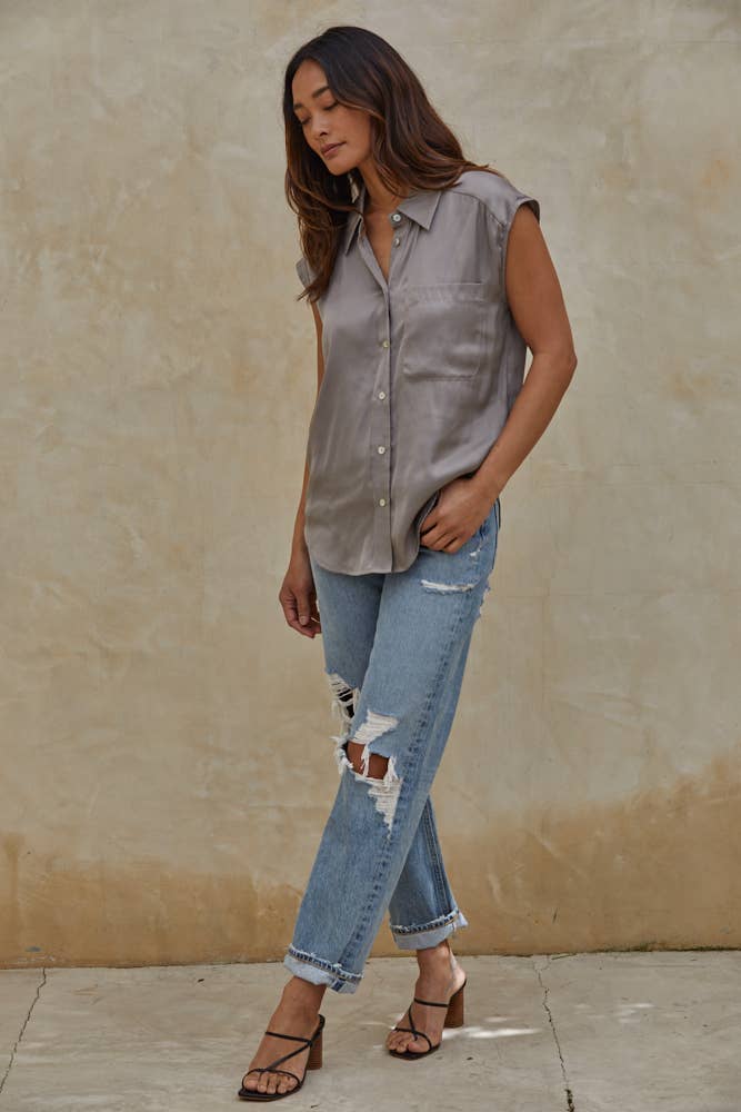 Woven Polyester Satin Sleeveless Button Down Top