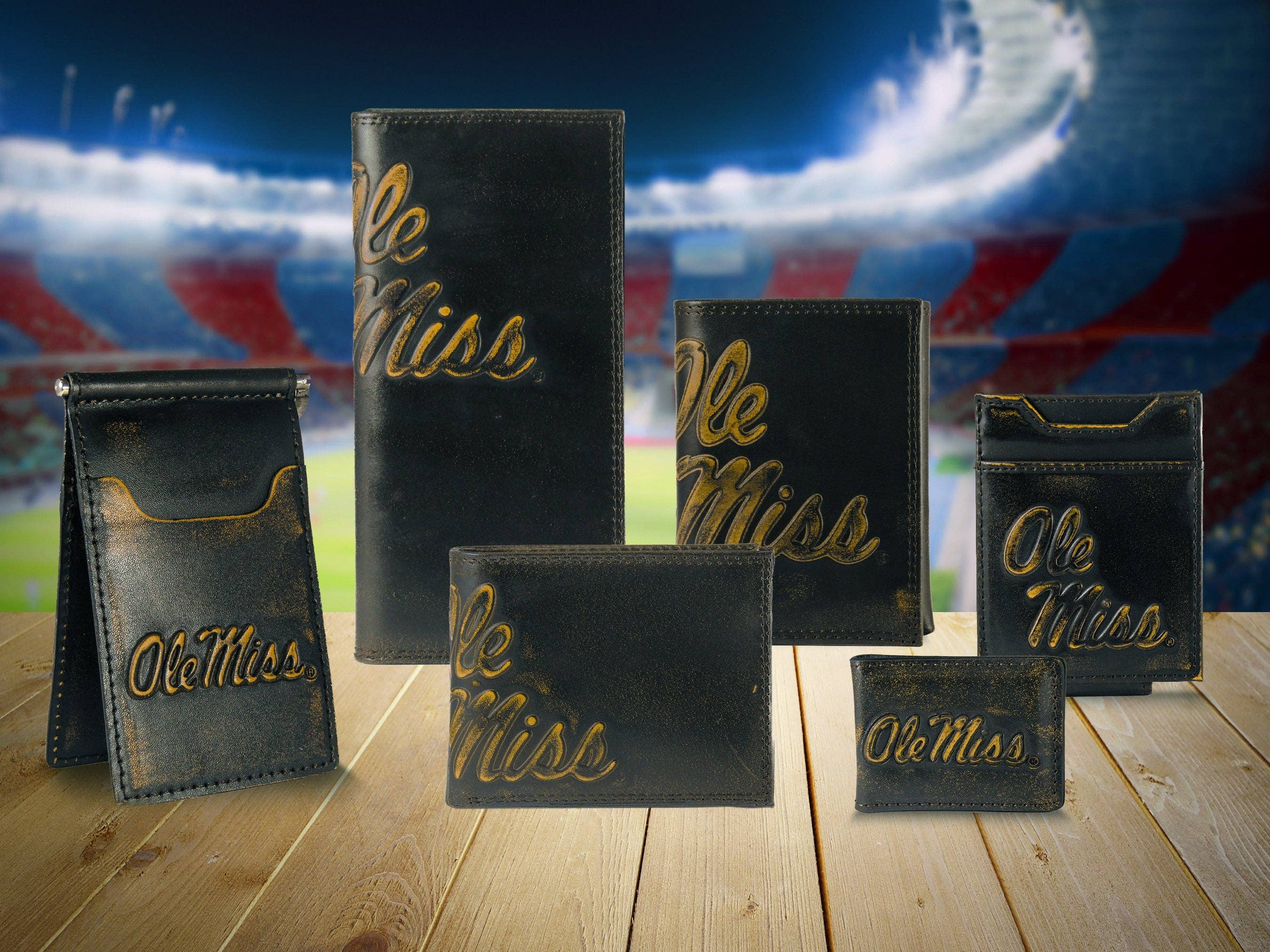 Ole Miss Rebels Men's Collegiate Valet Tray, Catch-all, Desk Organizer, Nightstand Tray. Brown Burnished Full Grain Leather Finish.