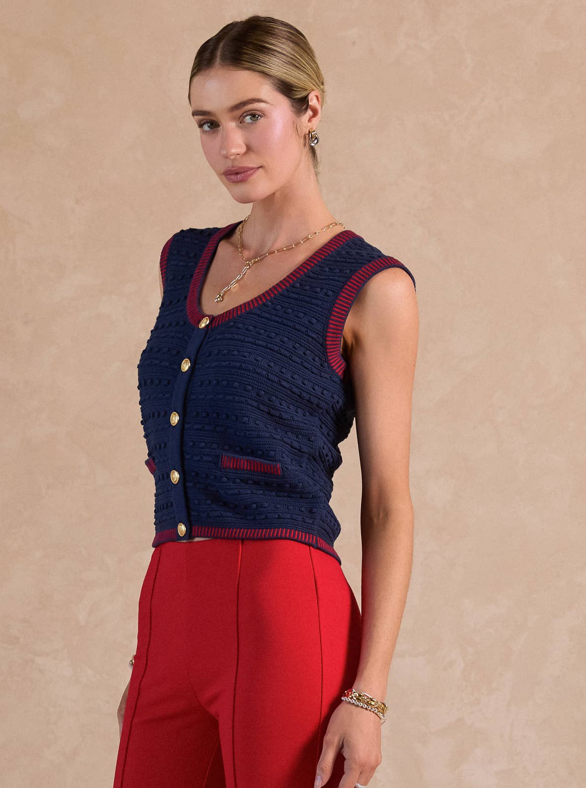 Scoop-Neck Button-Up Sweater Vest