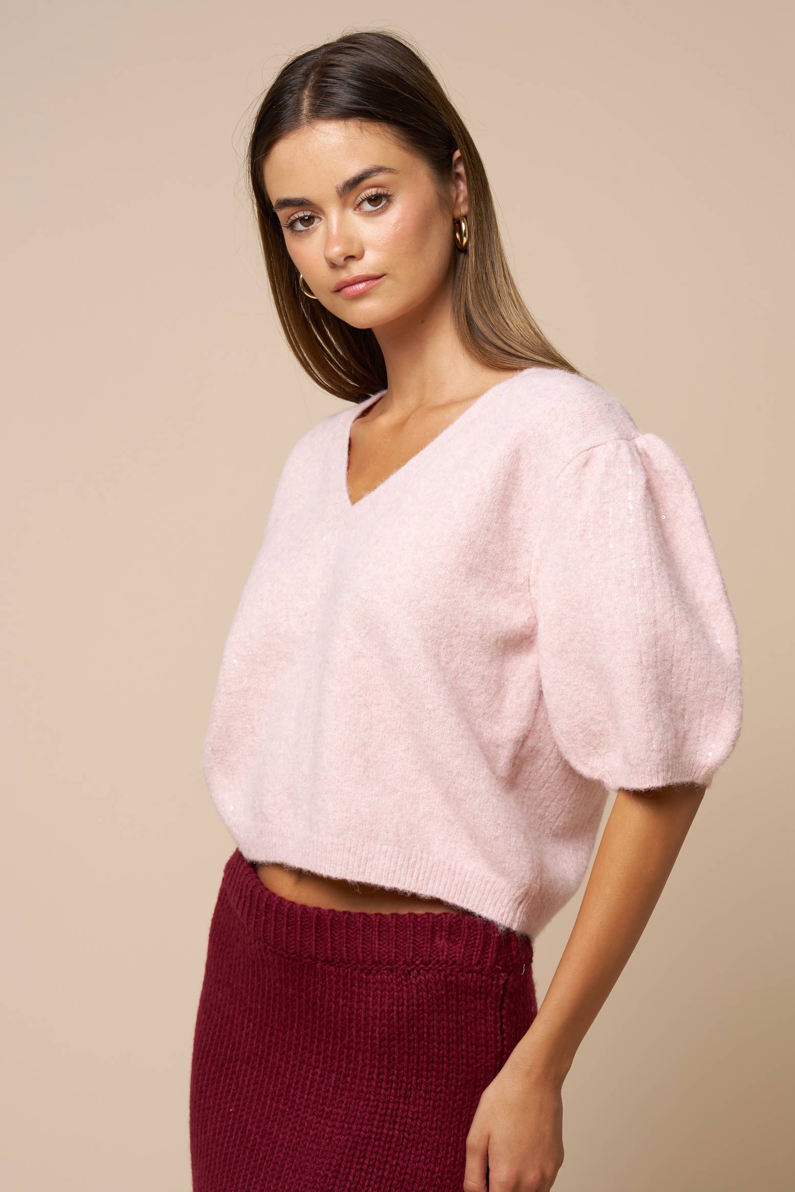Mix Sequin Block Puff Sleeve Cropped Sweater
