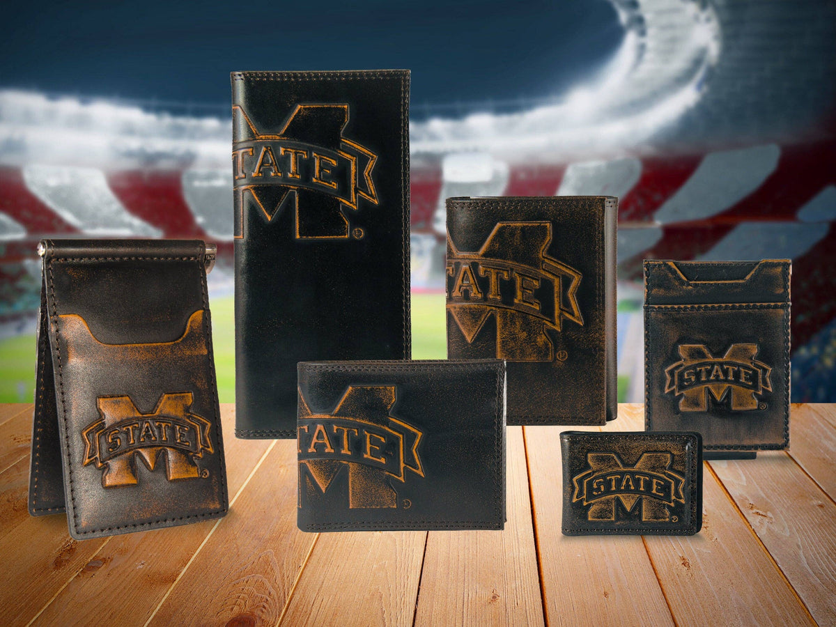Mississippi State Bulldogs Men's Collegiate Valet Tray, Catch-all, Desk Organizer, Nightstand Tray. Burnished Full Grain Leather Finish.