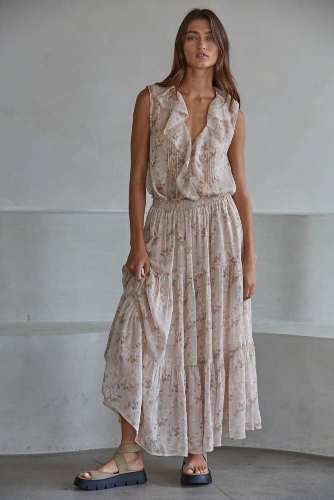 Woven Polyester Floral Print V-Neck Sleeveless Top