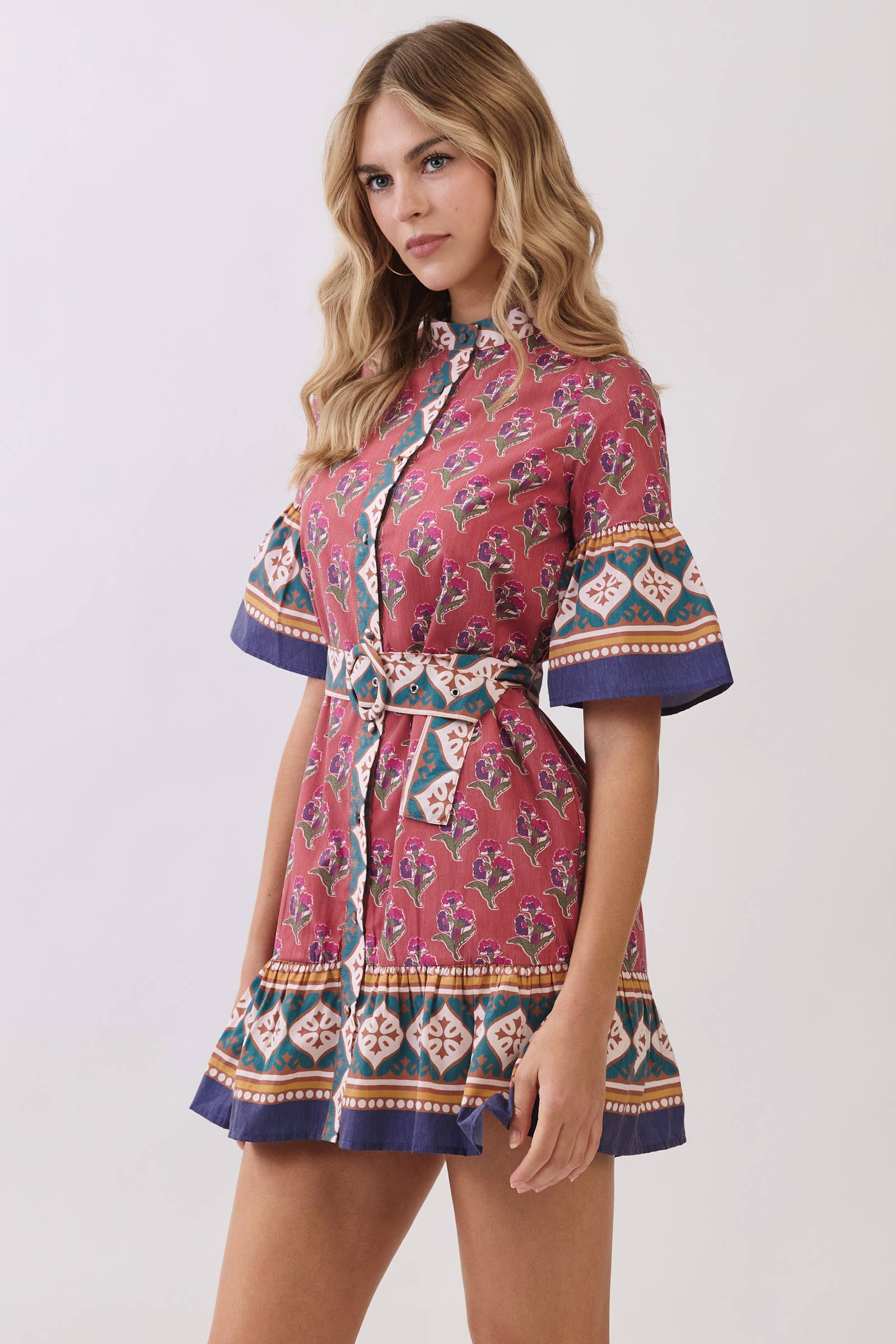 Printed Belted Mini Dress with Contrast Border