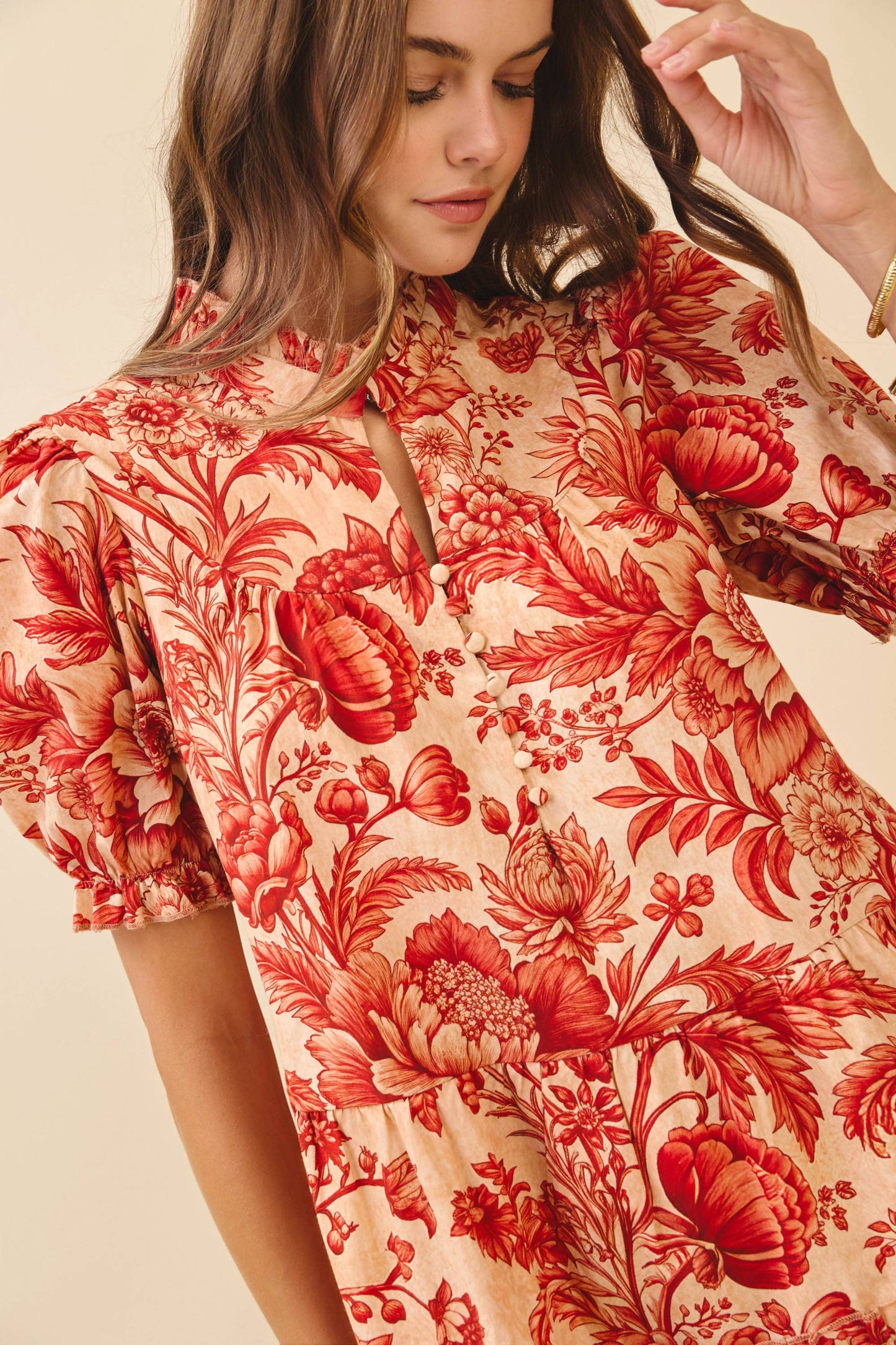 Floral Print Ruffled Mock Neckline Mini Dress