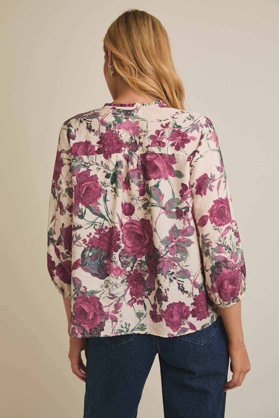FRONT TIE RUFFLE DETAIL LONG SLEEVE FLORAL TOP