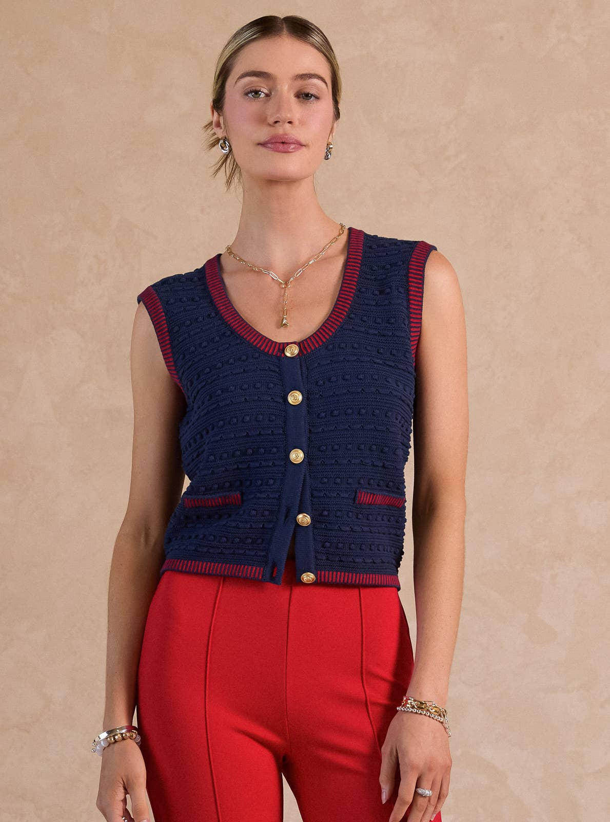 Scoop-Neck Button-Up Sweater Vest