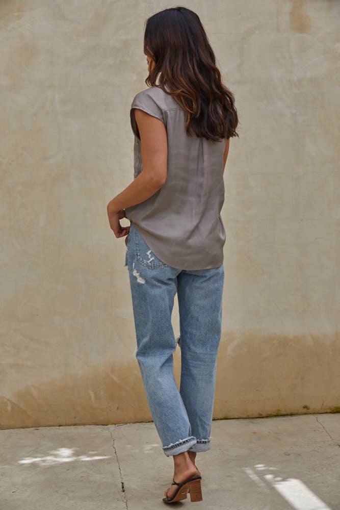 Woven Polyester Satin Sleeveless Button Down Top
