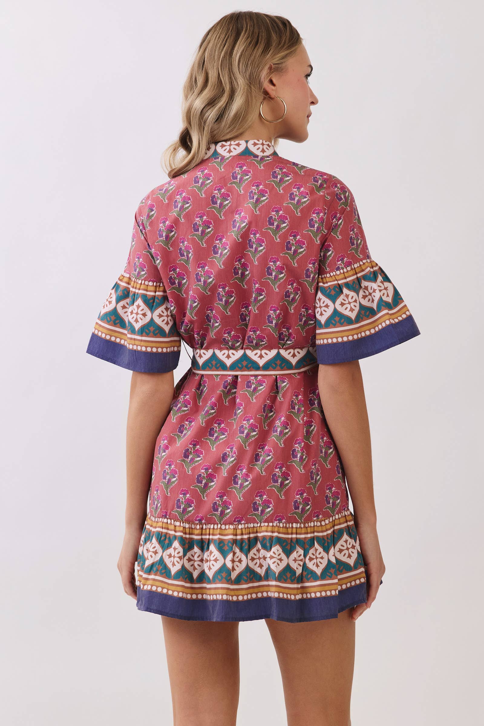 Printed Belted Mini Dress with Contrast Border