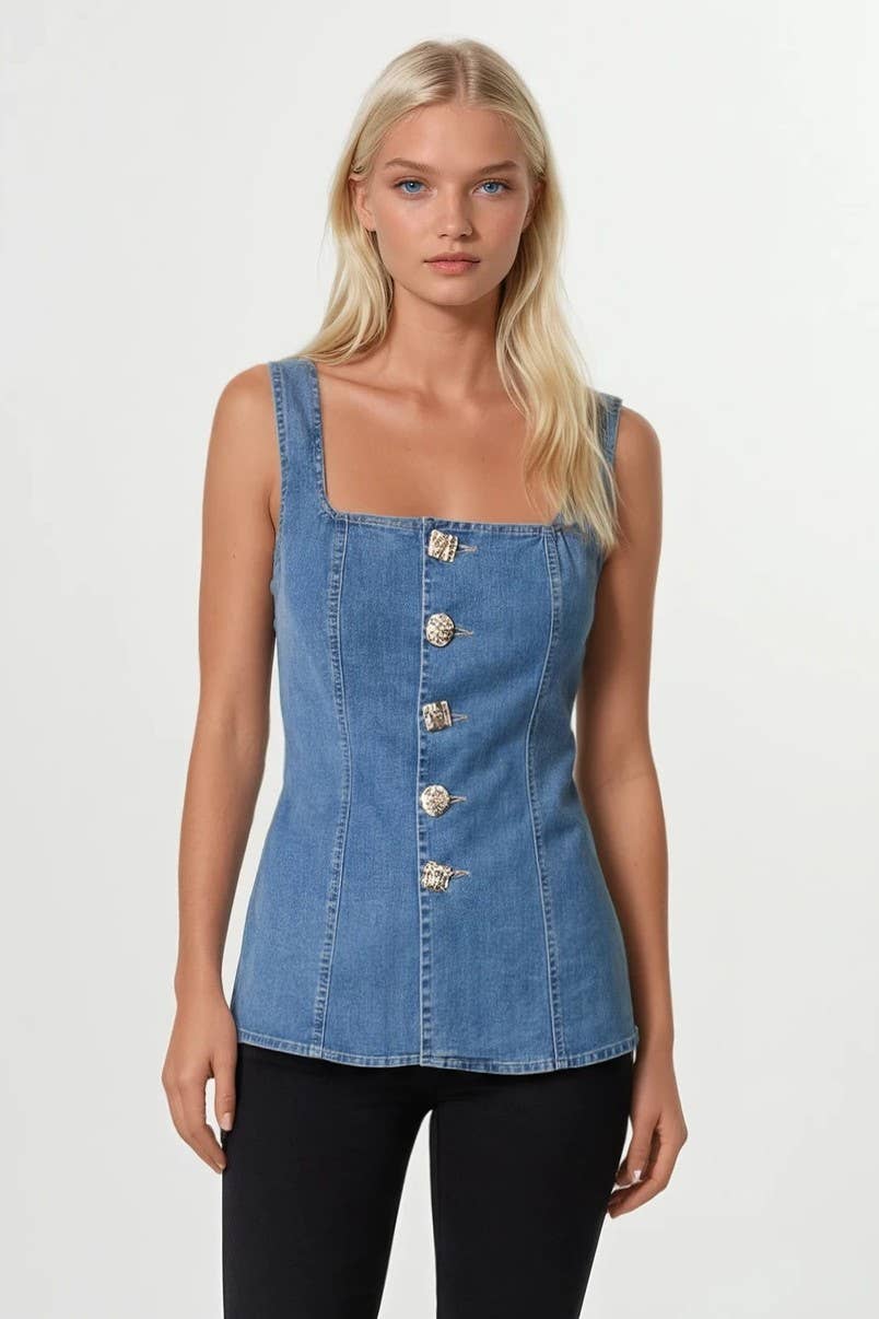 SQUARE NECK DENIM VEST WITH ORNATE GOLD BUTTONS