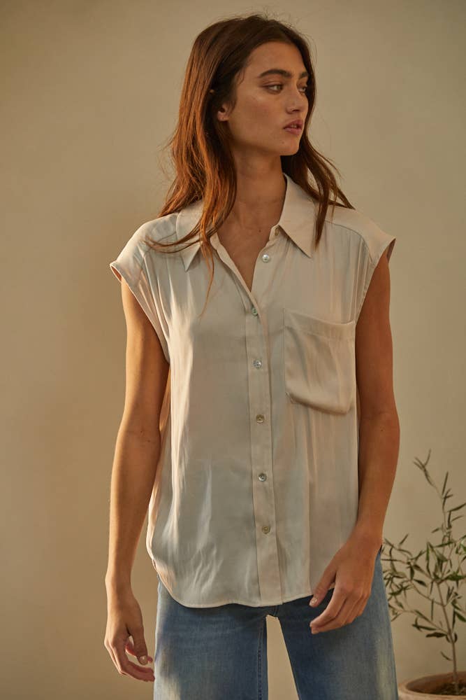 Woven Polyester Satin Sleeveless Button Down Top