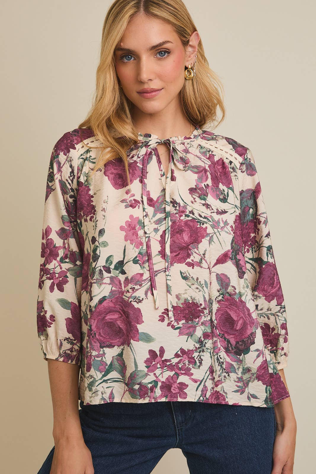 FRONT TIE RUFFLE DETAIL LONG SLEEVE FLORAL TOP