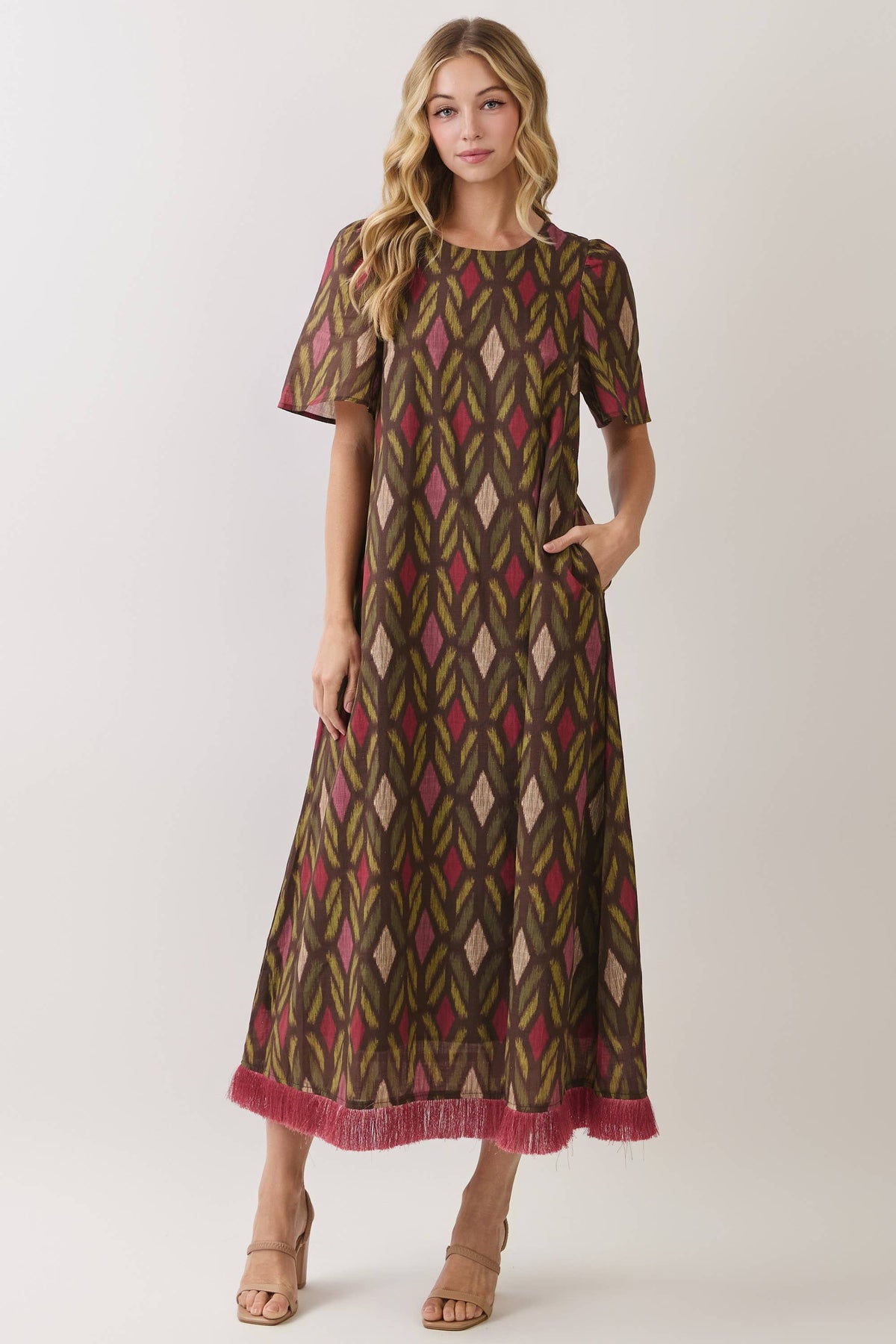 Geometric Print Fringe Hem Maxi Dress