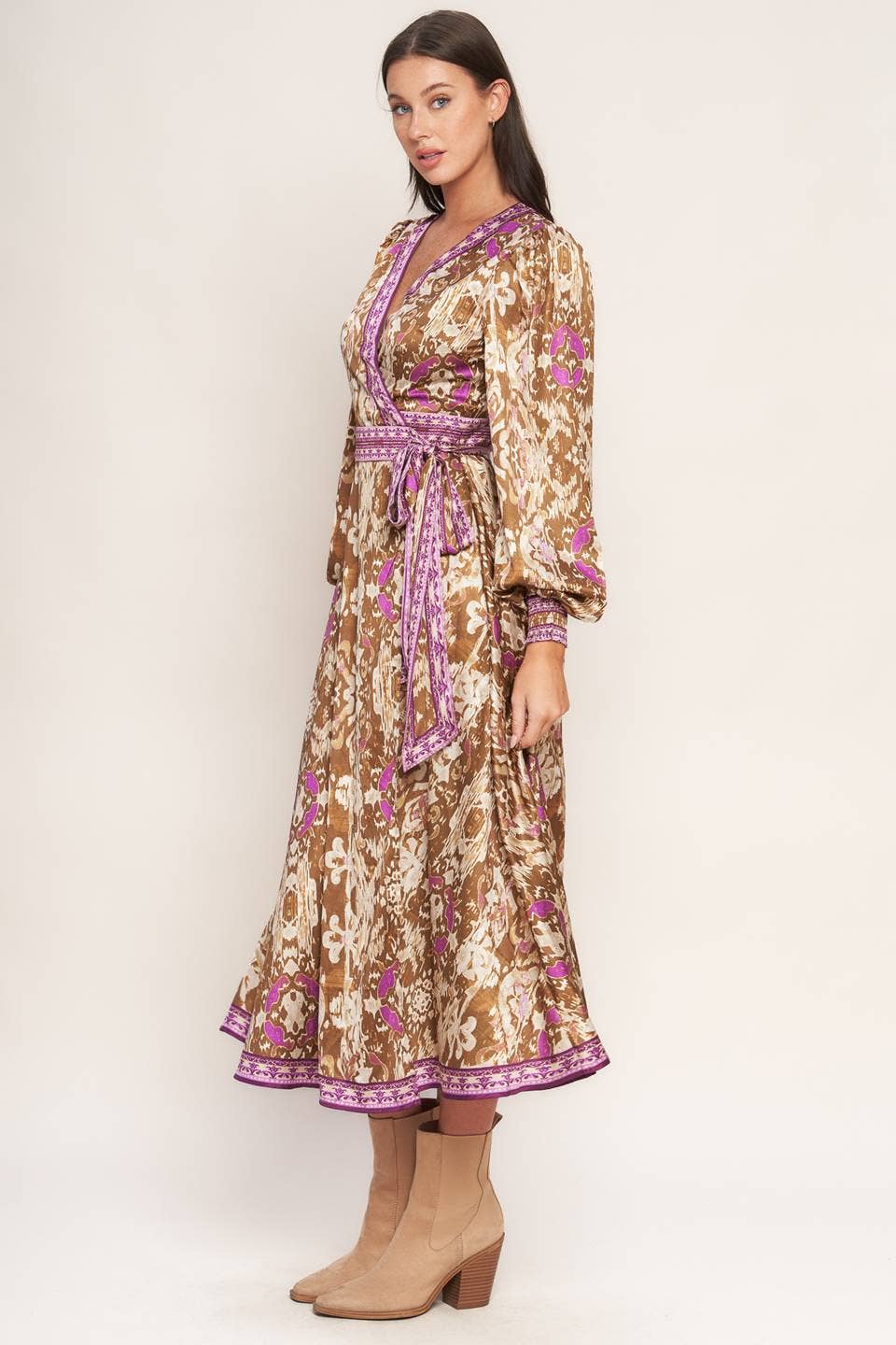A printed woven midi true wrap dress