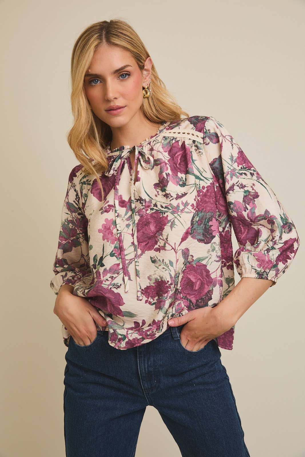 FRONT TIE RUFFLE DETAIL LONG SLEEVE FLORAL TOP