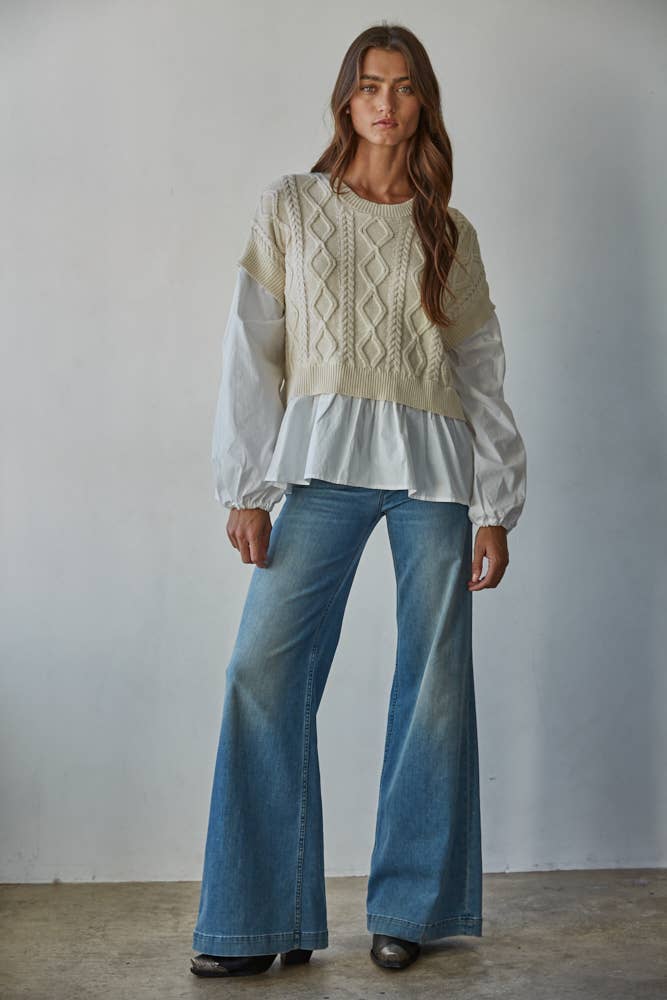 Knit Cotton Sleeve with Cable Knit Detail Vest
