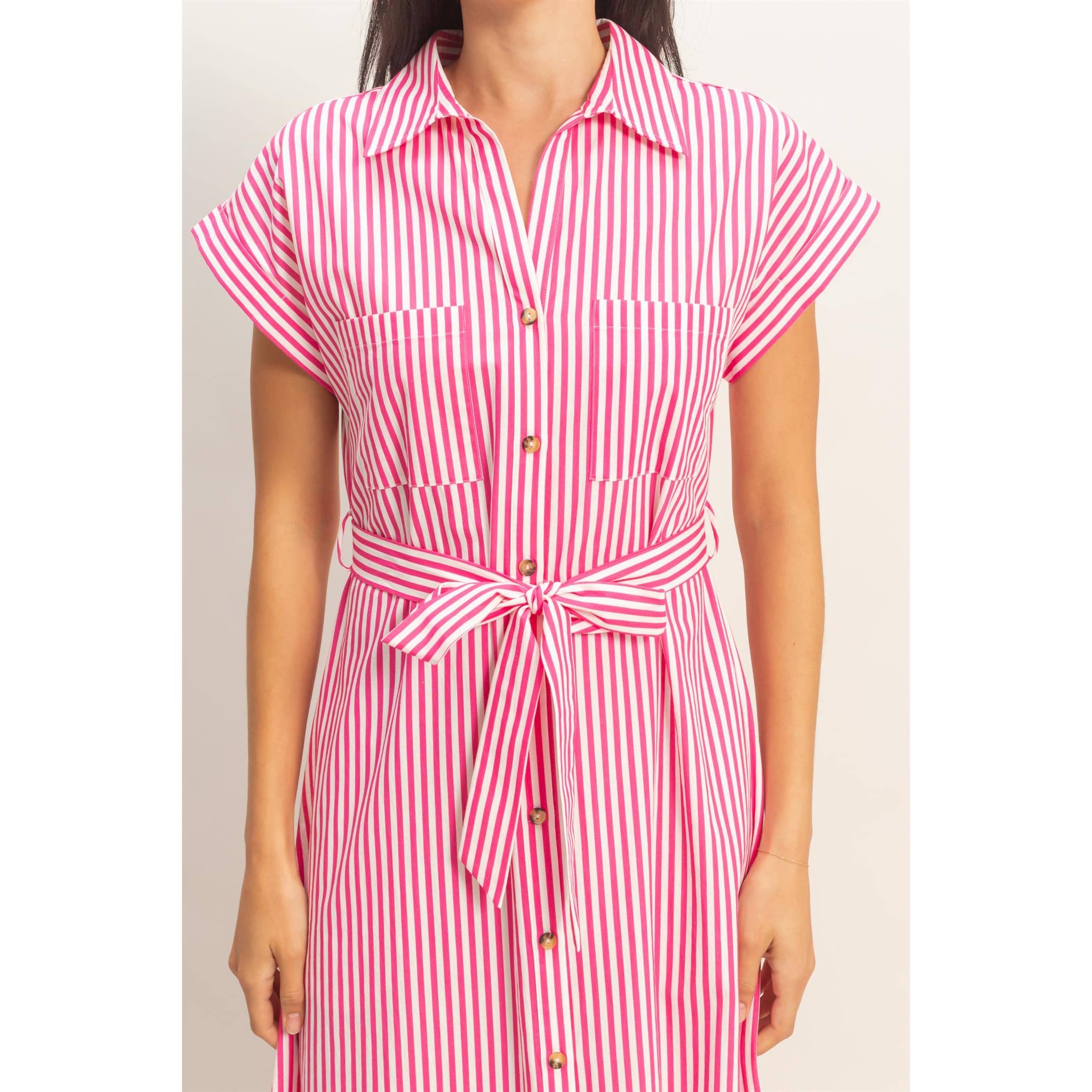 Striped Poplin Belted Shirt Dress With Pockets