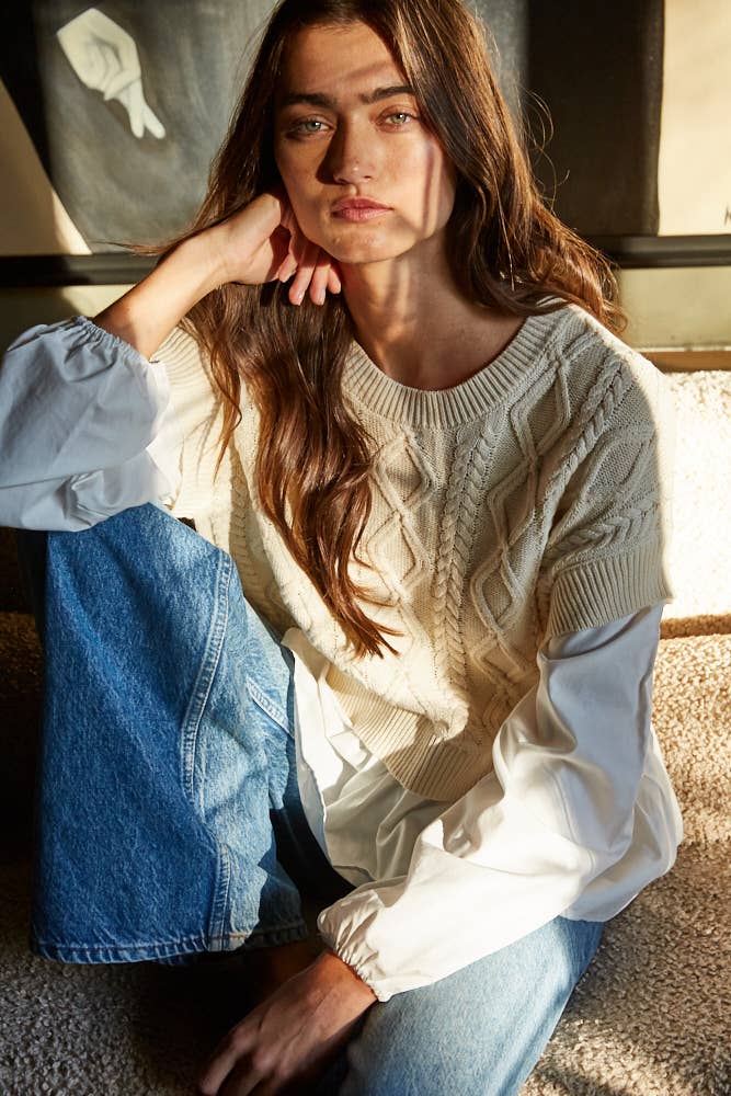 Knit Cotton Sleeve with Cable Knit Detail Vest