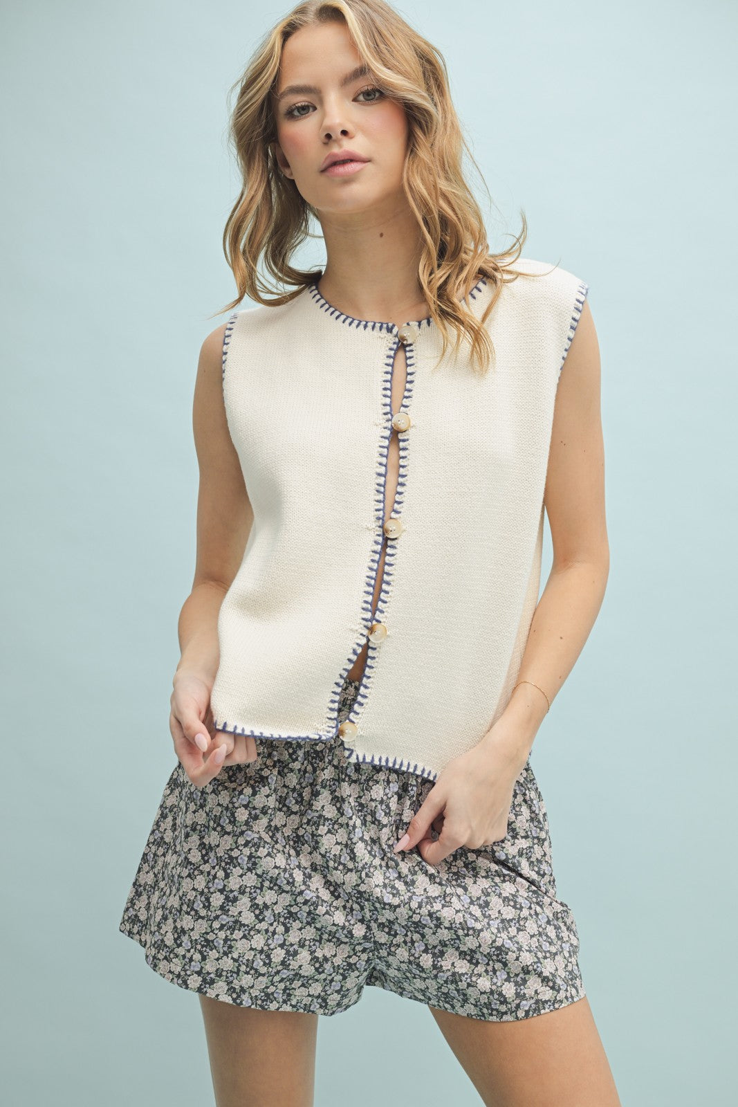 Stitch Detail Button Up Sweater Vest