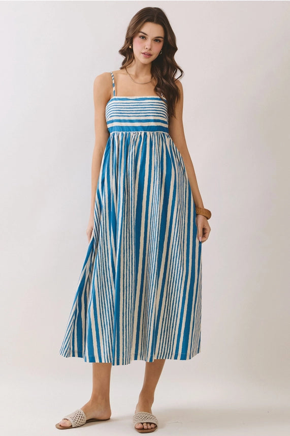 Blue Stripe Smocked Back Midi Dress