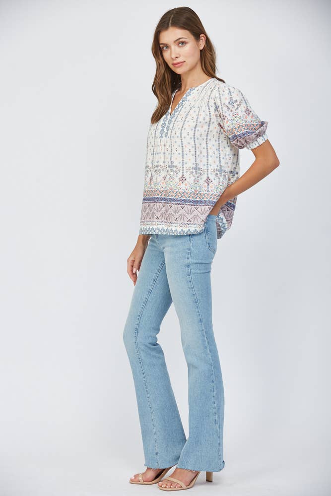 PLEAT DETAIL COTTON GAUZE SPLIT NECK TOP