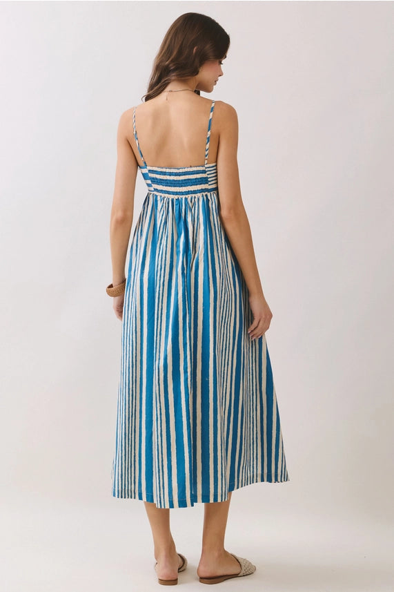 Blue Stripe Smocked Back Midi Dress