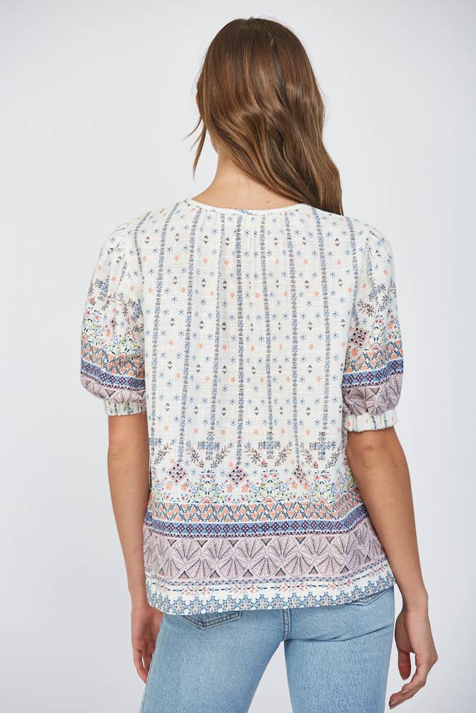 PLEAT DETAIL COTTON GAUZE SPLIT NECK TOP